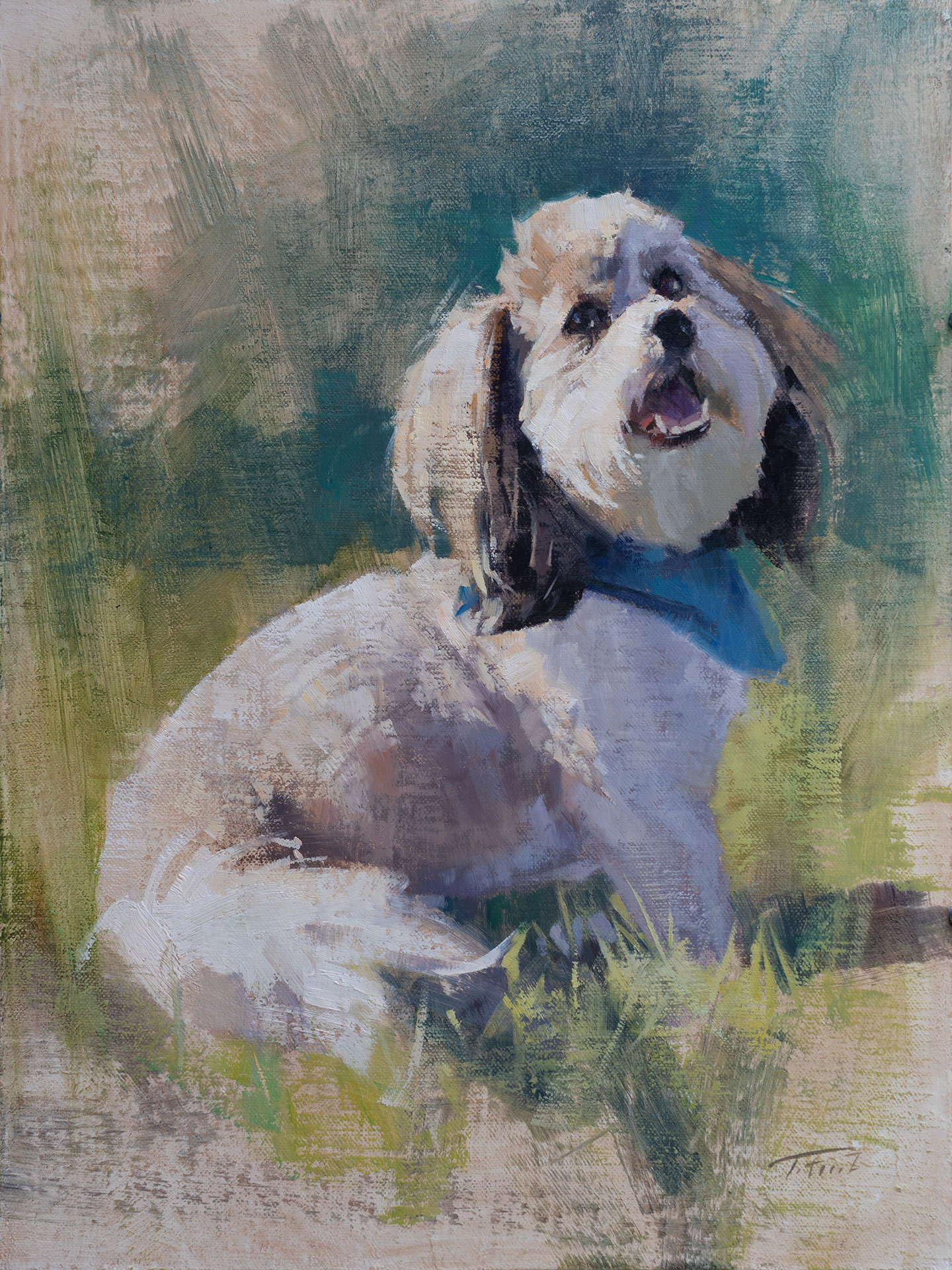 Dog portrait of Huey, painted by artist Patrick Saunders in oils on linen.