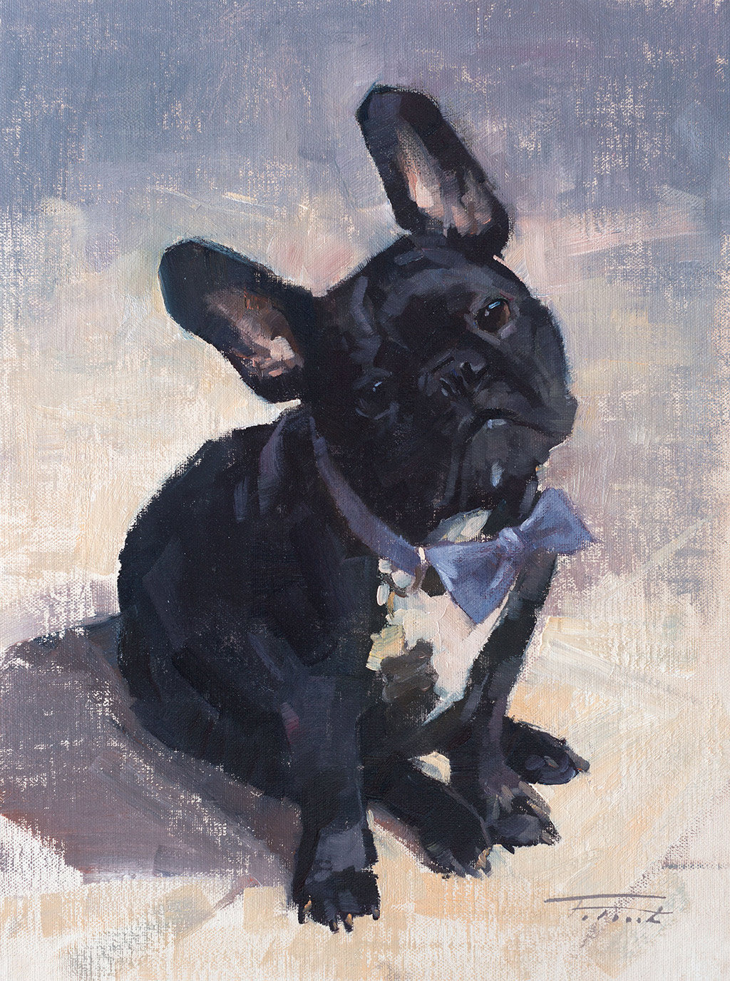 Dog portrait painting of Marvin, a French bulldog; painted by artist Patrick Saunders in oils on panel.