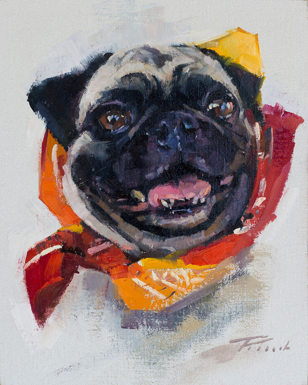 Dog portrait painting of Puggles, a pug; painted by artist Patrick Saunders in oils on linen.