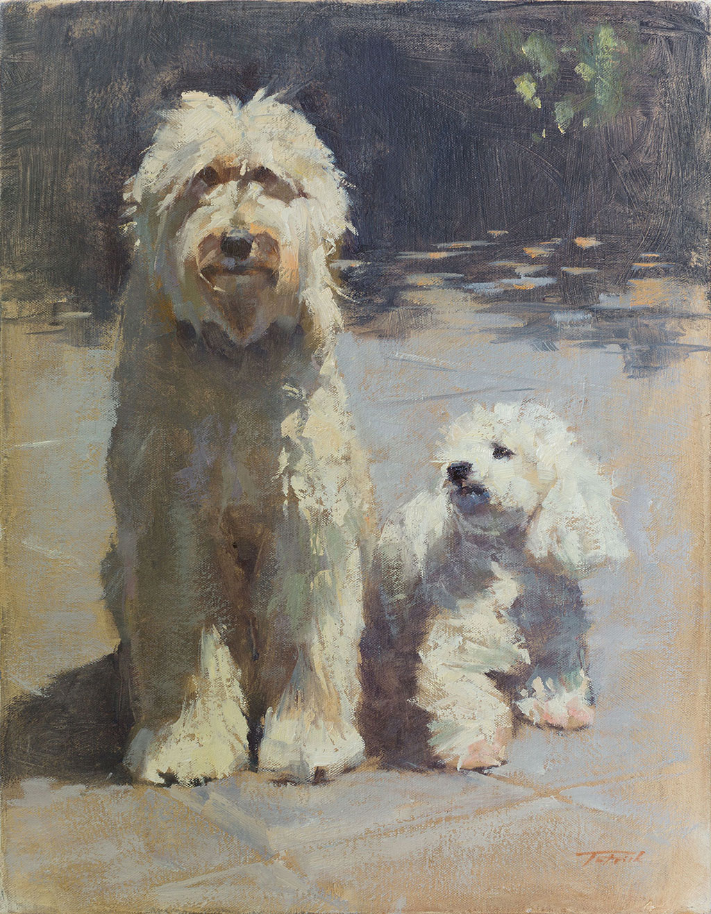 Dog portraits of Bentley & Dudley, painted by artist Patrick Saunders in oils on canvas.