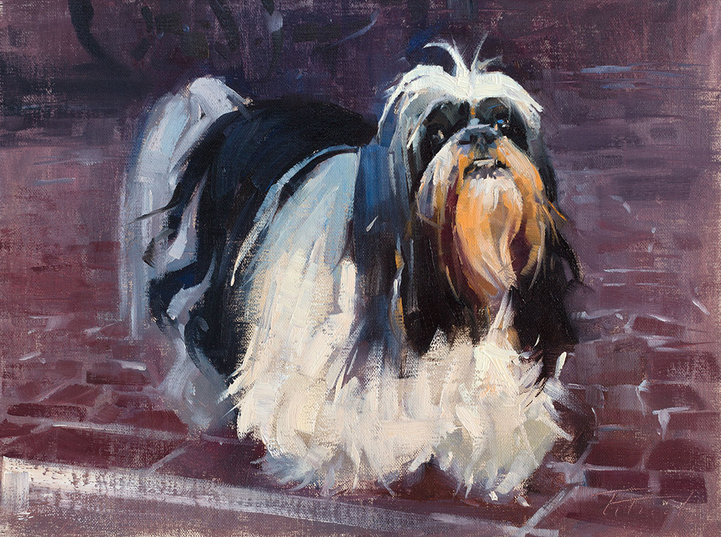 Dog portrait, Mia, painted by artist Patrick Saunders in oils on linen.